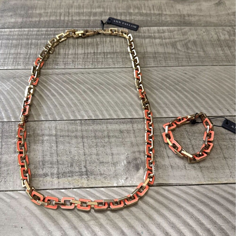 Ann Taylor Coral Enamel Link Necklace & Bracelet Set